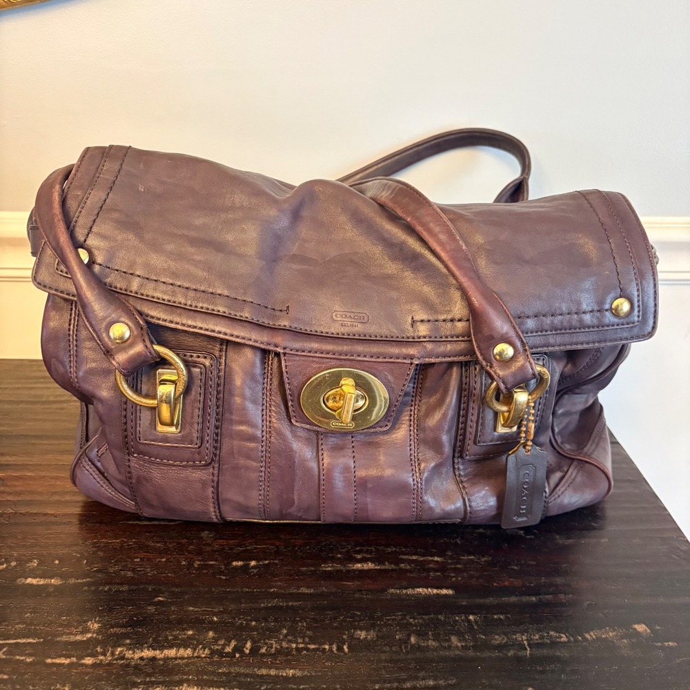 Coach Hamptons Lindsay Plum Leather Flap Satchel Bag Purple 12442 Vintage Y2K